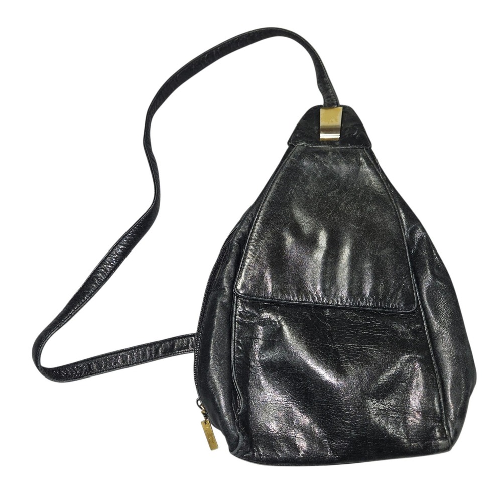 VTG Valerie Stevens Teardrop Sling Backpack Bag Black Leather Gold Hardware